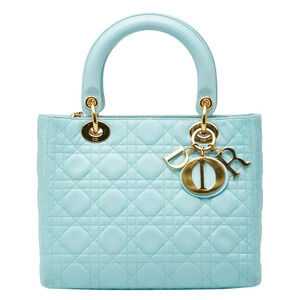 Christian Dior Cannage Lady Handbag Blue Leather